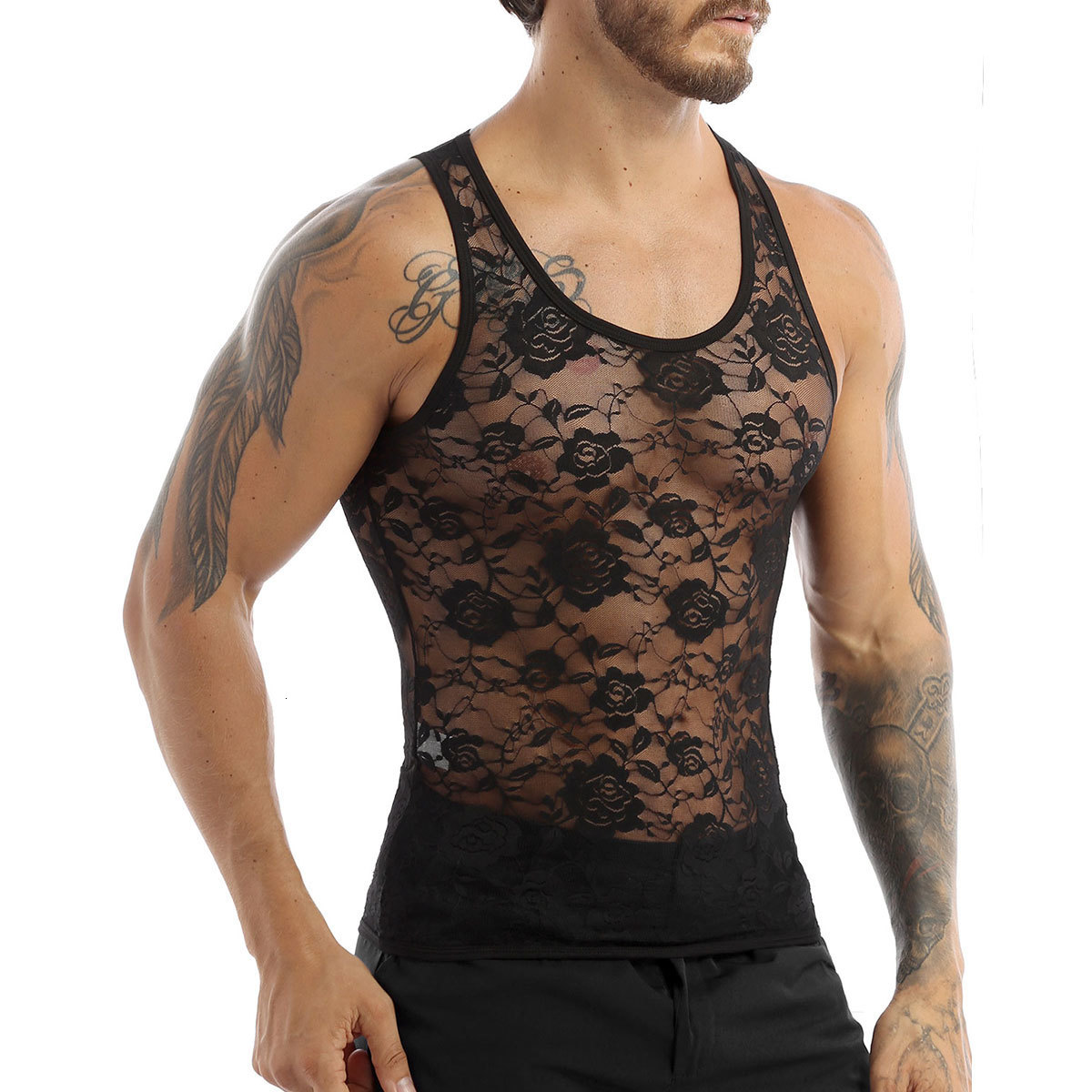 Men's Tank Tops Mens Sissy Sexy See Through Lingerie U Neck Sleeveless Stretchy Floral Lace Muscle Fitted TShirt Undershirt Crop 230426