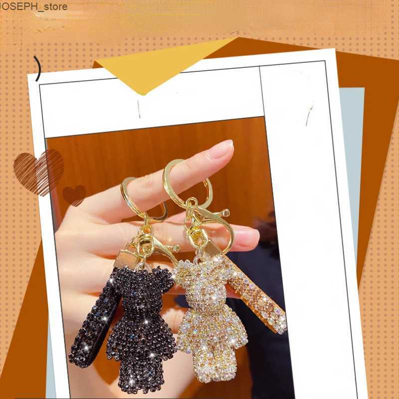 Key Rings High Quality Rhinestone Animal Keychain Leather Strap Car Key Case Pendant Fancy Rhinestone Bear Animal Keychain Bag Pendant J230427