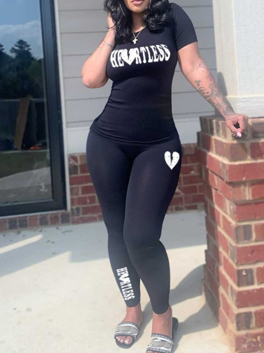 Women's Plus Size Tracksuits LW Skull Head Graffiti Print Pants Set summer Womens Two Peice s Casual Top Skinny Female Suit 230426