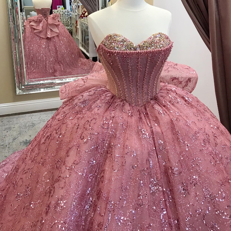 Pink Shiny Sequined Ball Gown Quinceanera Off The Shoulder Corset Lace Beads Crystal Sweet 16 Dress Vestidos De XV Anos 15