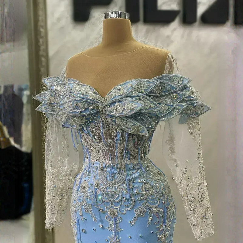 Aso Ebi Arabic Mermaid Prom Dress Lace Beaded Evening Formal Party Second Reception Birthday Engagement Gowns Dresses Robe De Soiree Pageant Gown St38