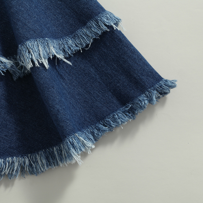 Trousers Celana Suspender Perempuan 3 7 Tahun Terusan Tanpa Lengan Warna Solid Biru dengan Hem Kerutan dan Lubang Rusak 230426