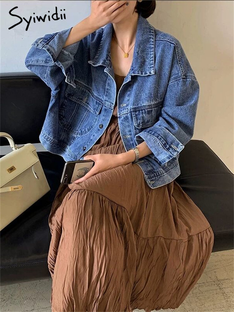 Women's Jackets Syiwidii Denim Jacket Women Vintage Turn Down Collar Long Sleeve Korean Fashion Jeans Jackets Chic Oversized Casual Coats 230427