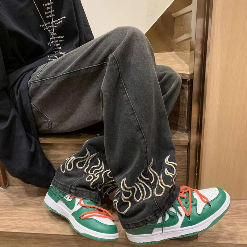 Men's Jeans Fashion Flame Embroidery Neutral Wide Leg Denim Trousers Loose Straight Youth Casual Baggy Hip Hop Pants 2023 230426