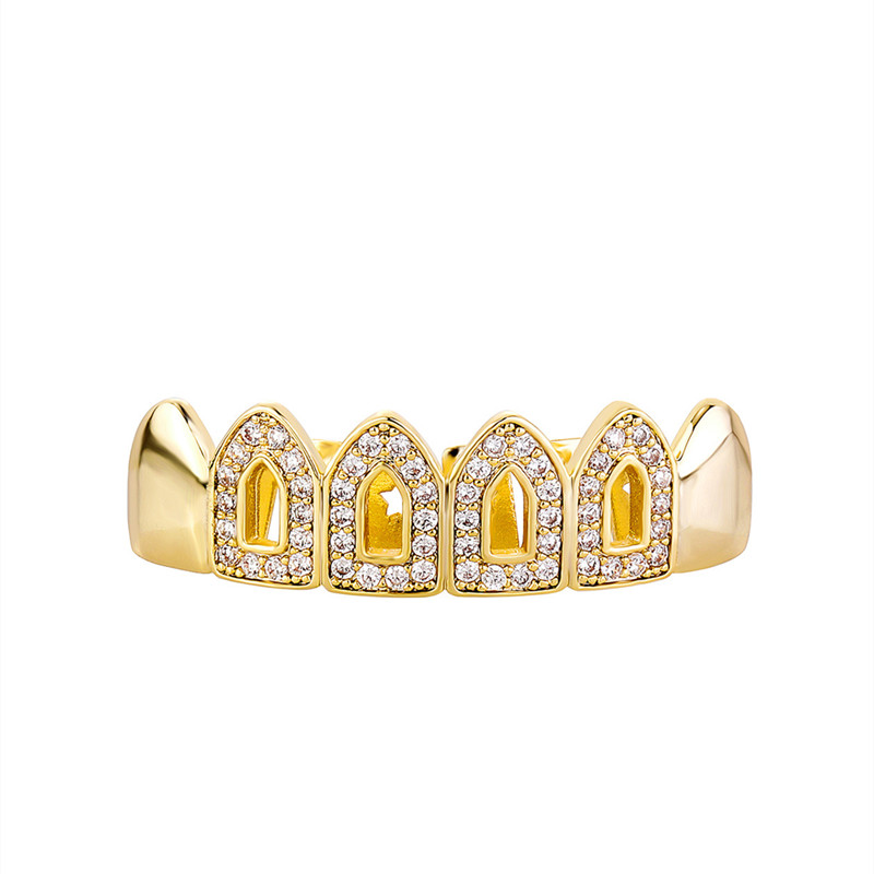 New Bling CZ Hollow Teeth Grillz Yellow White Gold Plated Top Grills Dental Jewlery Hip Hop Fashion Rapper Jewelry