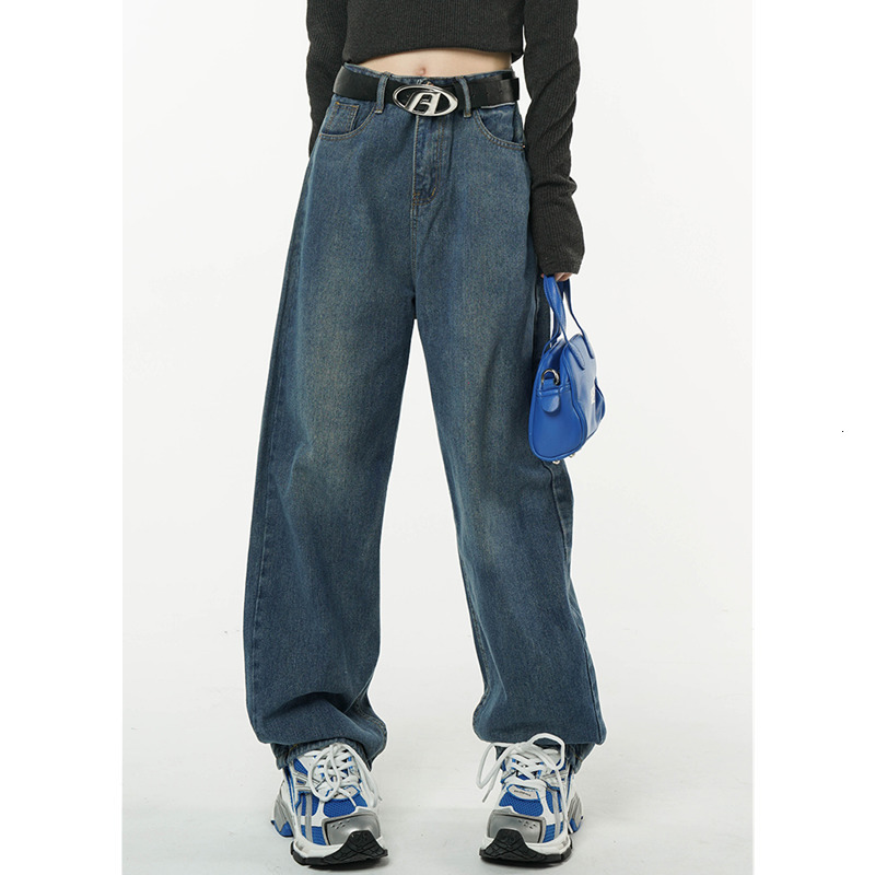 Women's Jeans Winter Vintage Blue High Waist Women Jeans American Fashion Streetwear Wide Leg Jean Female Denim Trouser Straight Baggy Pants 2304
