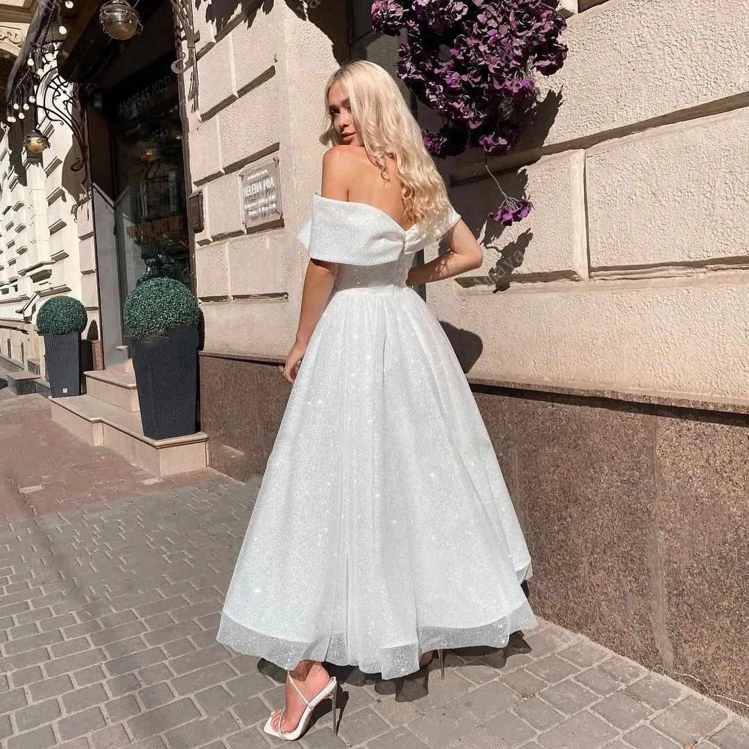 Glitter White Sequined A Line Wedding Dresses Off The Shoulder Ankle Length Bridal Gowns Simple Chic Bride Dress 2024