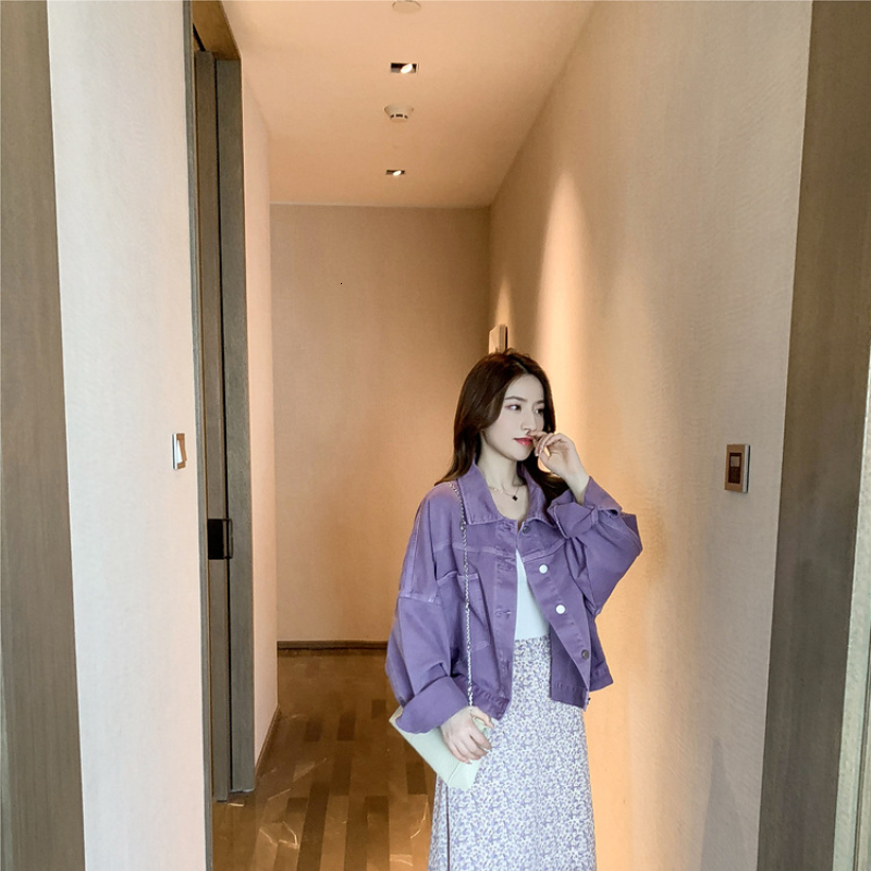 Women's Jackets Purple Loose Denim Short Jacket Women Spring Korean Fashion Casual Cropped Coat Harajuku Retro Single-Breasted Streetwear Top 230