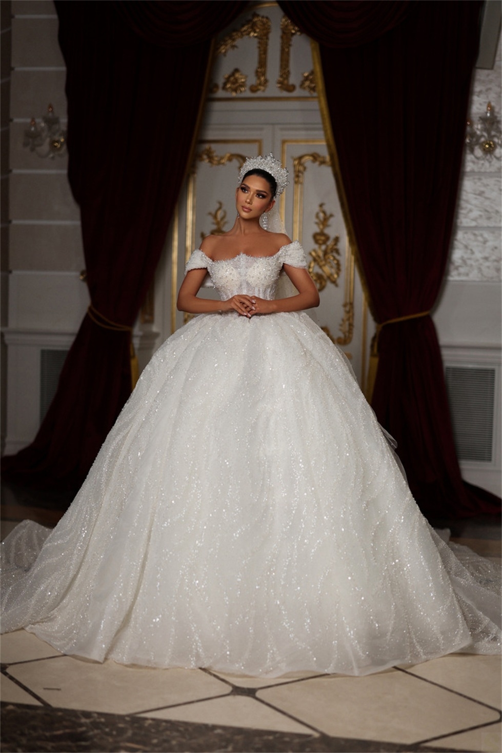 Custom Made Princess Ball Gown Wedding Dresses Sparkly Sequins Off Shoulder Luxury Crystal Bridal Gowns