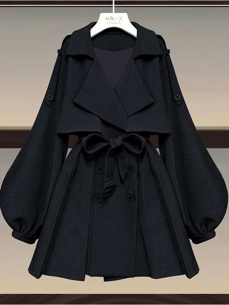 Women's Two Piece Pants Autumn Office Ladies Elegant 2 Set Korean FashionTurndown Iantern Long Sleeve Trench Coat And Bodycon Sets 230426