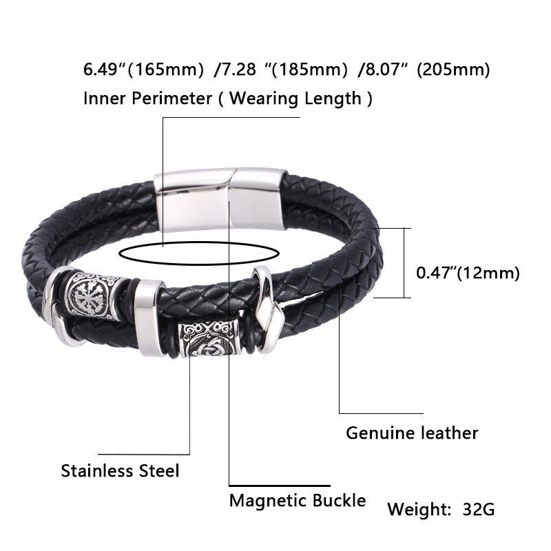 Viking Style Double Layered Leather Bracelet Stainless Steel Charm Bracelets for Women Gift