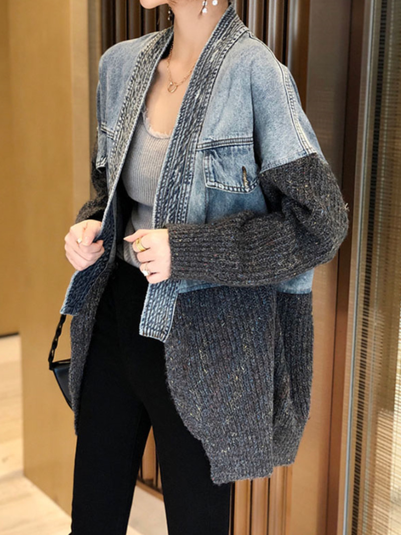 Women's Jackets Jean Jacket Women Denim Jackets Knit Patchwork Spring Autumn Korean Youth Patchwork Denim Street Knitted Cardigan Jackets 230427