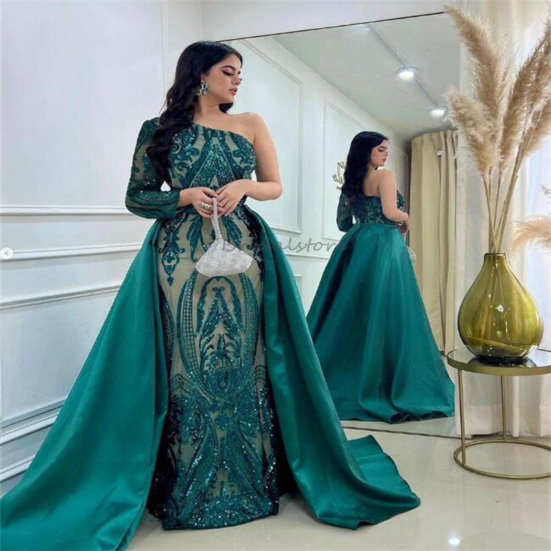 Arabic Emerald Evening Dress With Detachable Train Marocain Du Caftan One Shoulder Long Sleeve Sequin Prom Dress Formal Birthday Gowns Shine 2024 Prom