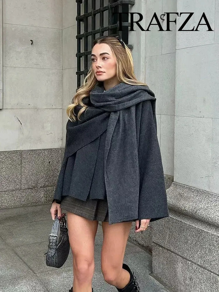 Womens Jackets TRAFZA Winter Fashion Asymmetric Scarf Womens Short Knitted Coat Long Sleeve Single Button Loose Womens Short Woolen Jacket 231127