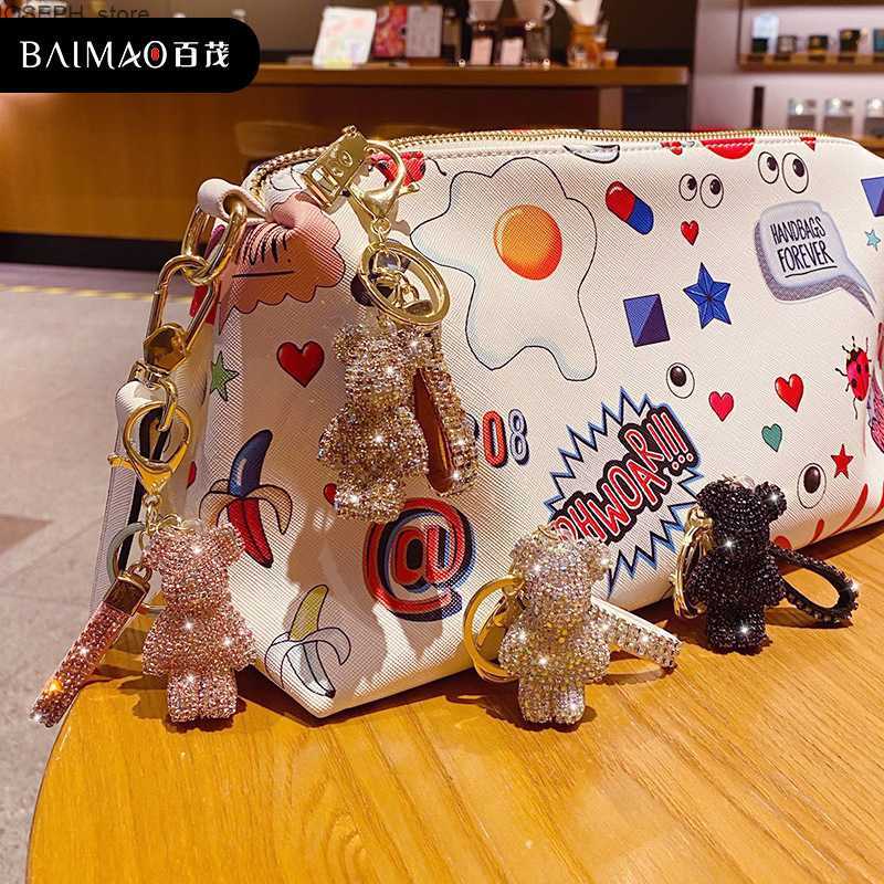 Key Rings High Quality Rhinestone Animal Keychain Leather Strap Car Key Case Pendant Fancy Rhinestone Bear Animal Keychain Bag Pendant J230427