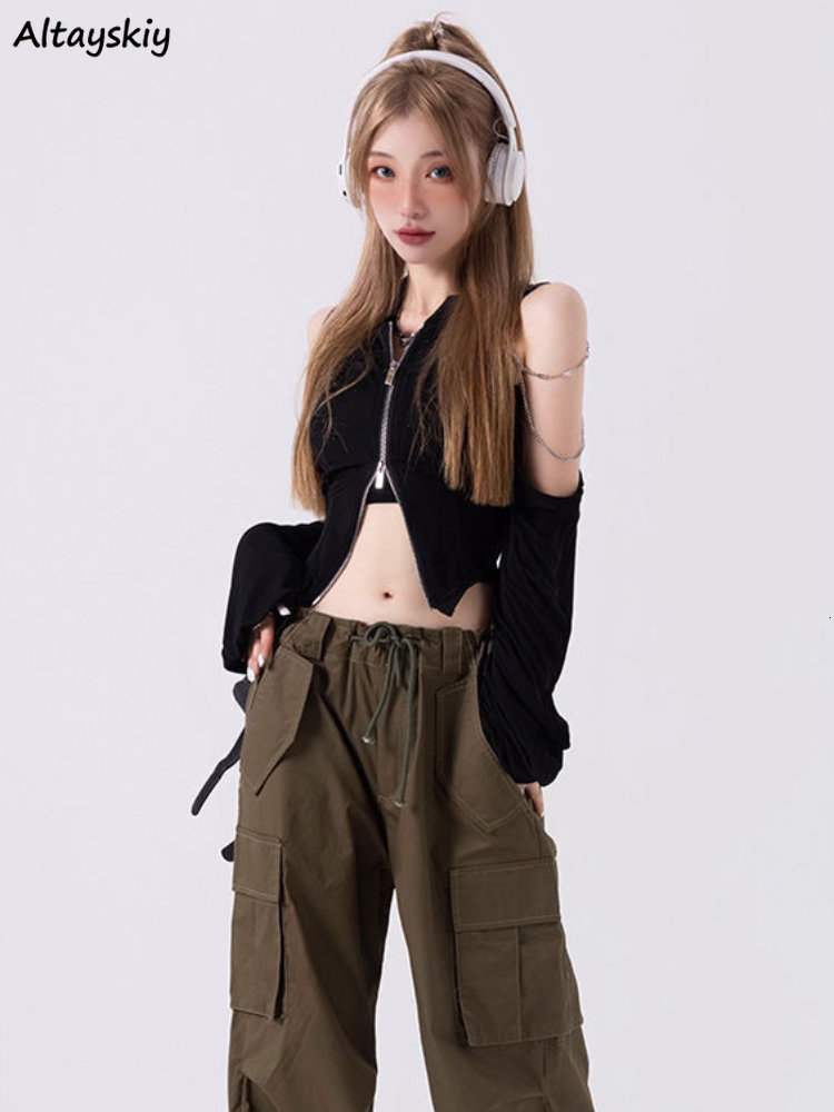 Women's T Shirt Kaus Lengan Panjang Ritsleting Wanita sweet Ins Chic Y2k Atasan Crop Mode Baru Korea Pakaian Off Shoulder Gadis Muda Bergaya 2304