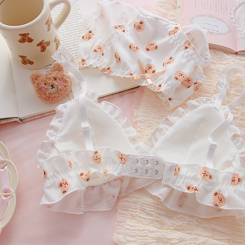 Bras Sets Little Bear Bra and Panty Set Kawaii Lolita Push Up Bra Padded Cartoon Japanese Girl Soft Cute Underwear Thin Bras Bralette Set 230427
