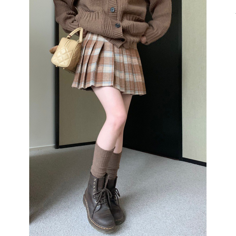 Autumn And Winter Chain High Waist Slimming A-Line Plaid Pleated College Wind Woolen Bust Skirt Women 210521