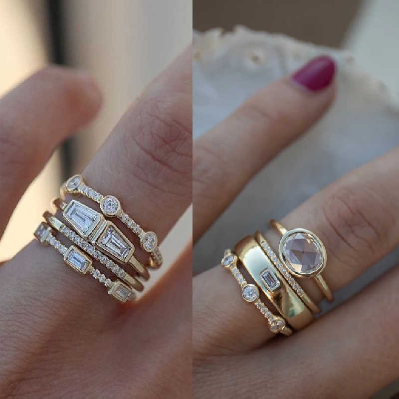 Band 4 pcsset Geometric Gold Color Combination Round Zircon Crystal Set for Women Engagement Party Wedding Rings Hand Jewelry z250318
