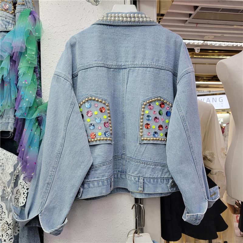 Women's Jackets Heavy Pearl Colorful Sequined Long Sleeve Denim Jacket Women Spring Autumn Clothes Washed Jean Jacket Coat