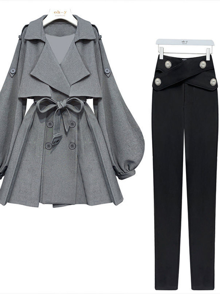 Women's Two Piece Pants Autumn Office Ladies Elegant 2 Set Korean FashionTurndown Iantern Long Sleeve Trench Coat And Bodycon Sets 230426