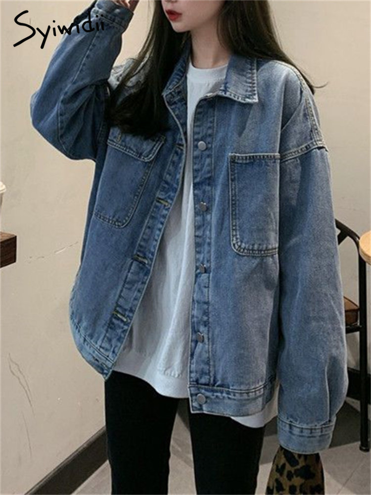 Women's Jackets Syiwidii Denim Jacket for Women Loose Single Breasted Turn Down Collar Long Sleeve Jacket Korean Fashion Streetwear Coat 230427