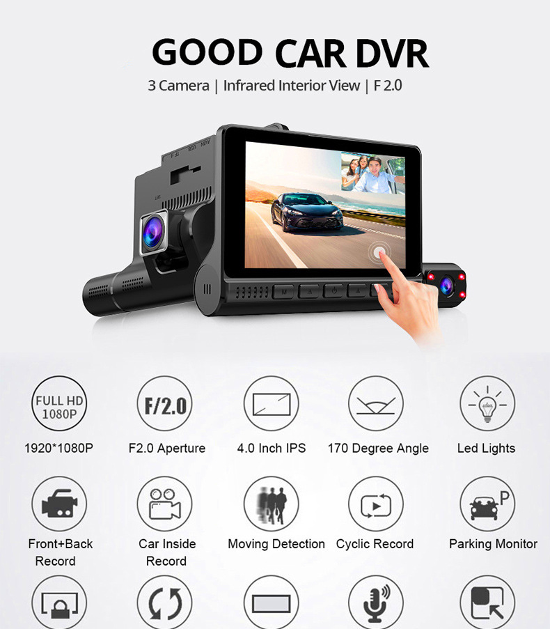 4 Inch HD 1080P 3 Lens Car DVR Video Recorder Dash Cam Smart G-Sensor 170 Degree Wide Angle Ultra Resolution Front Interior with Rear Camera