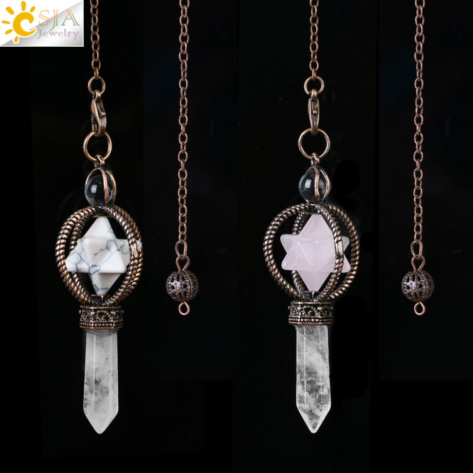 Pendant Necklaces CSJA Esotericism Crystal Pendulums for Dowsing Divination Pendulum Merkaba Natural Stone Pendant Clear Quartz Red Bronze G930 230426