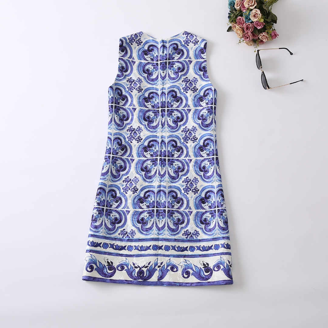 Blue Porcelain Print Dress: Designer Party Wear | Sleeveless Gathered Waist Birthday Dresses C260311