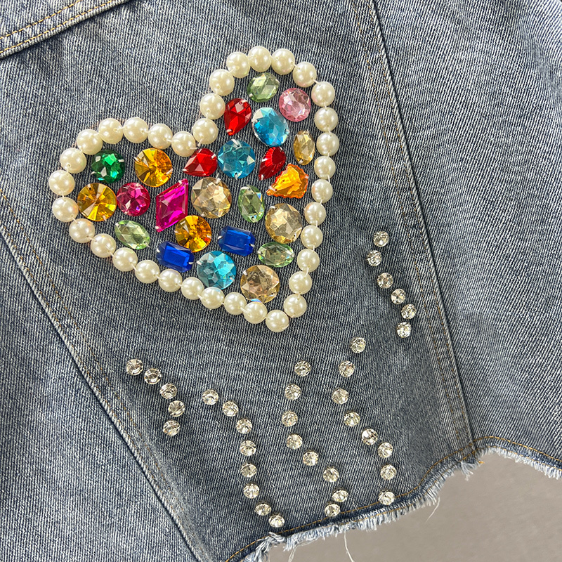 Women's Jackets Women Short Denim Jacket Coat Spring Pearl Diamonds Chain Tassel Frayed Burrs Hem Half Sleeve Female Jeans Jacket Streetwear 2304