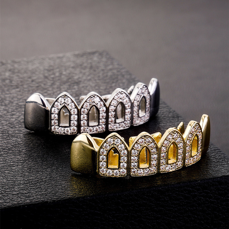 New Bling CZ Hollow Teeth Grillz Yellow White Gold Plated Top Grills Dental Jewlery Hip Hop Fashion Rapper Jewelry
