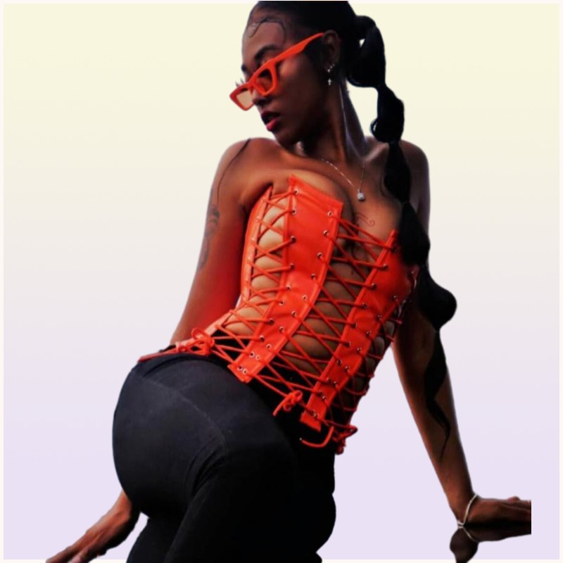 Womens Underwear Bustiers Corsets Sexy Hollow Out Bandage PU Leather Corset Crop Top for Women Club Outfits Backless Straples