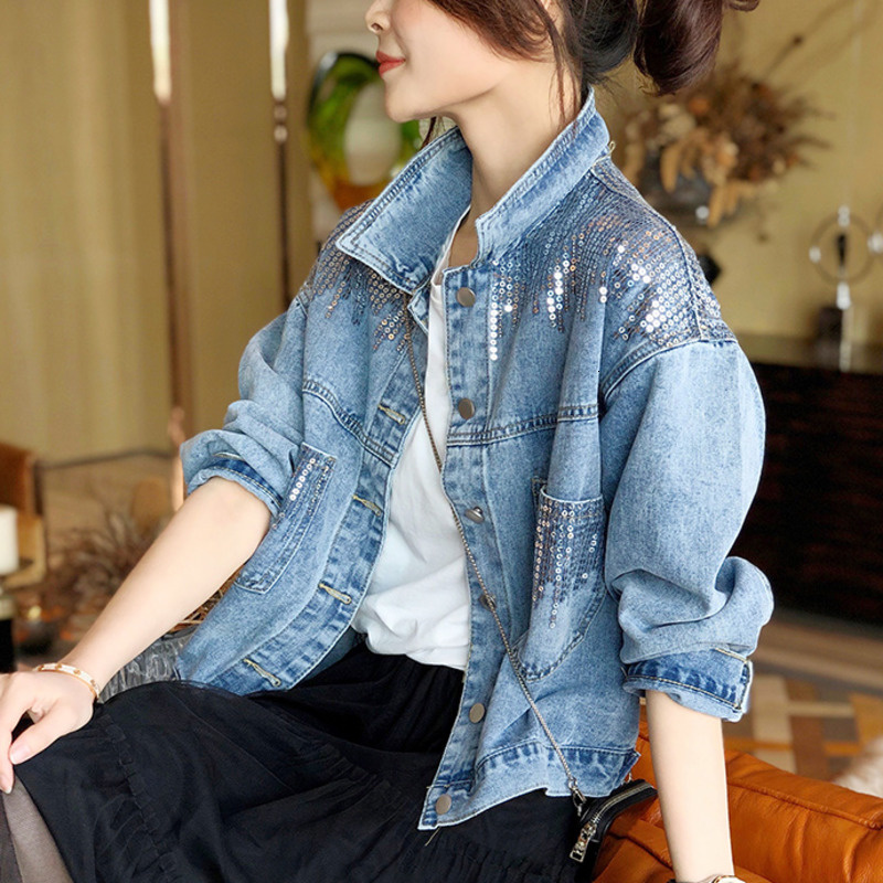 Women's Jackets Blue Short Sequin Pocket Denim Jacket Women's Casual Denim Spring Autumn Loose Fashion Jeans Jacket Women Long Sleeve Coat 2