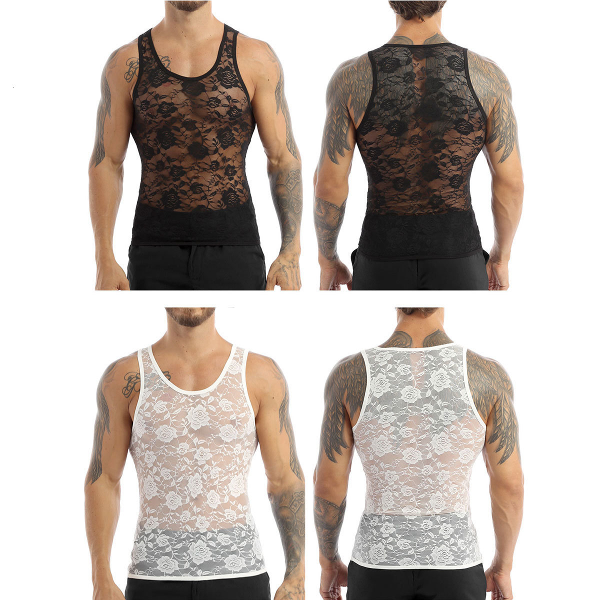 Men's Tank Tops Mens Sissy Sexy See Through Lingerie U Neck Sleeveless Stretchy Floral Lace Muscle Fitted TShirt Undershirt Crop 230426