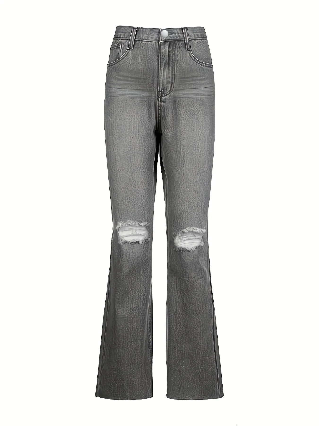 Women s Jeans Plain Pipped Holes Flare Slash Pockets Distressed High Waist Bell Bottom Rise Denim Pants Clo 231127