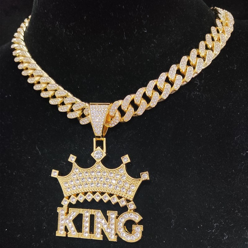 Strands Strings Men Women Hip Hop Crown with King Pendant Necklace with 13mm Cuban Chain HipHop Iced Out Bling Necklaces Fashion Charm Jewelry 230426