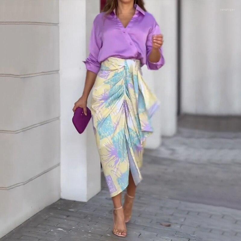 Women's Two Piece Pants Sets Skirt Outfit Women Printed Button Down Shirt Blouse High Waist Midi Bodycon Skirts Suit Female Office Lady