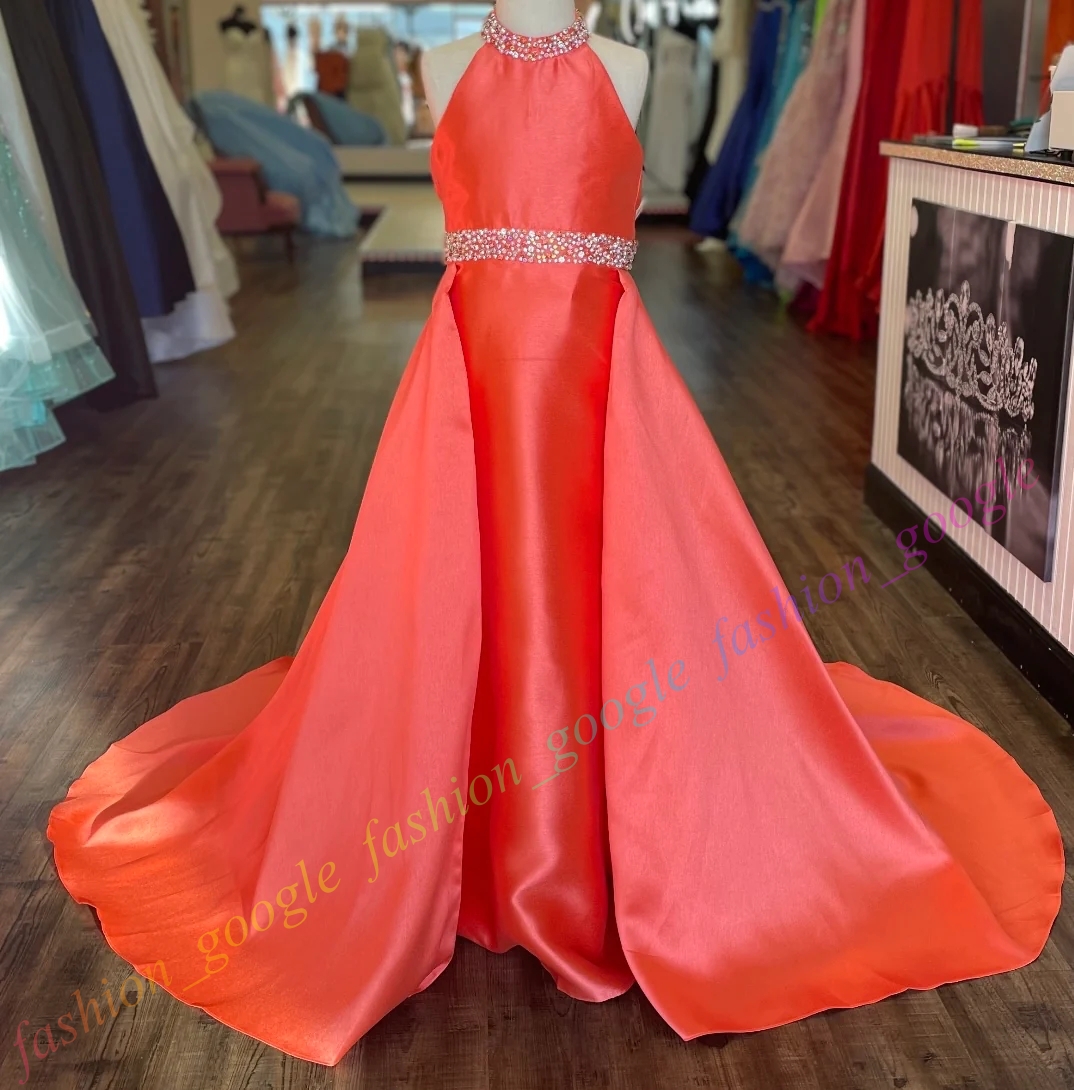 Halter A-Line Little Girl Pageant Dress 2024 Orange Lilac Royal Glitz Baby Kid Fun Fashion Runway Drama Birthday Formal Cocktail Party Gown Toddler In