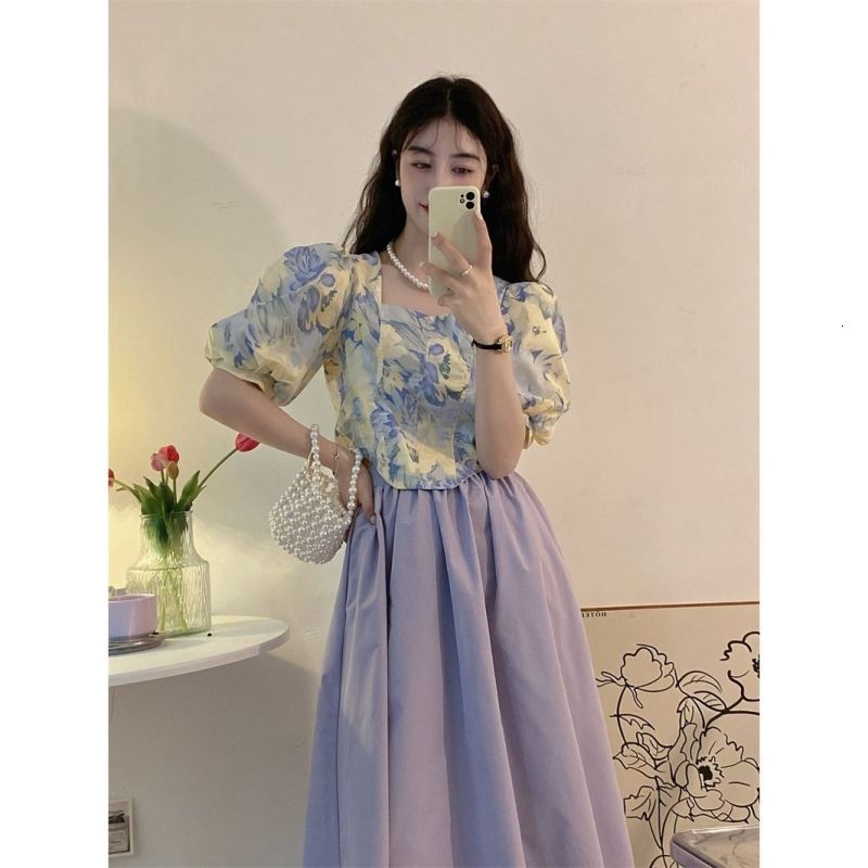 Two Piece Dress Women's Sweet Romantic Purple Two Piece Dress Set Summer Korean Lady Graceful Puff Sleeve Square Collar Tops Skirts Outfits 23042