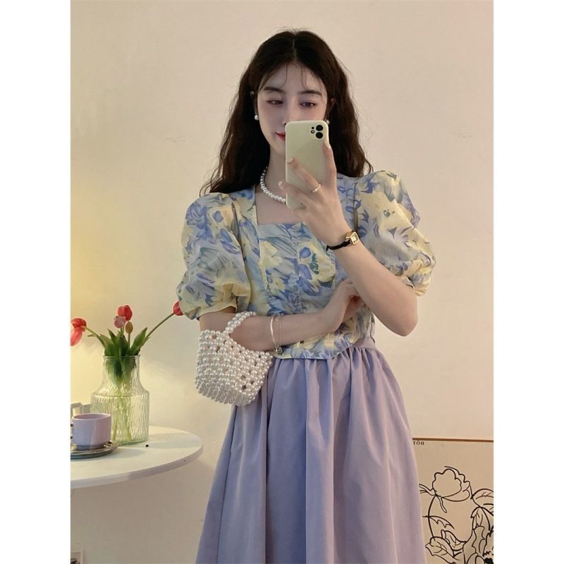 Two Piece Dress Women's Sweet Romantic Purple Two Piece Dress Set Summer Korean Lady Graceful Puff Sleeve Square Collar Tops Skirts Outfits 23042