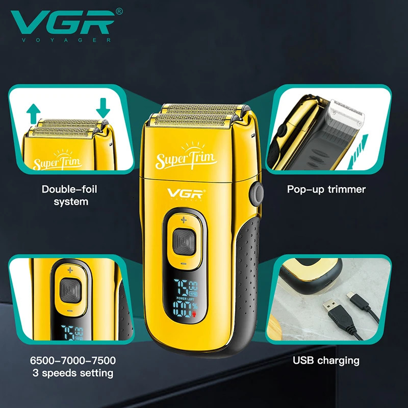 Electric Shavers VGR Rechargeable 3-Speed Beard Hair Electric Shaver For Men Bald Head Shaving Machine Barber Electric Razor With Extra Mesh 231128