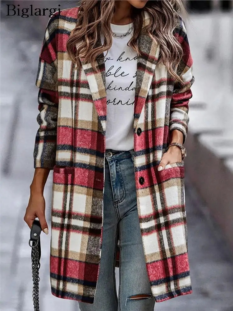 Womens Wool Blends Woolen Autumn Long Coat Women Sleeve Plaid Striped Print Ladies Coats Fashion Casual Loose Woman 231127