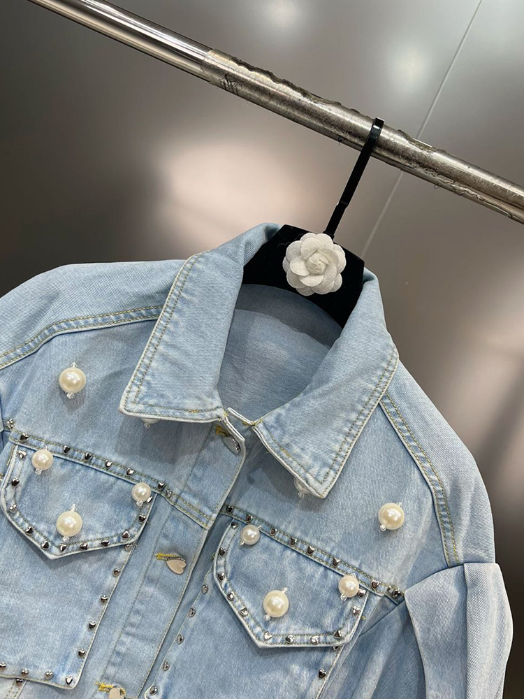 Women's Jackets CHICEVER Patchwork Pearls Denim Jackets For Women Lapel Puff Sleeve Single Breasted Hollow Out Casual Jacket Female Spring 230428