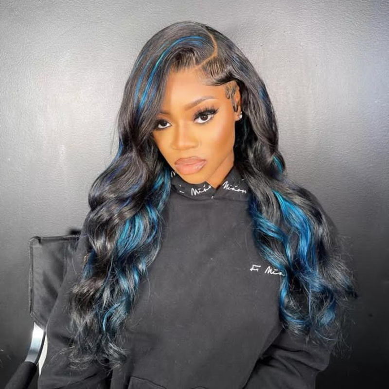 Free shipping 13X4 Front Blue Highlight Black Wigs Transparent Lace Frontal Brazilian Silation Human Hair Body Wave Wig For Women