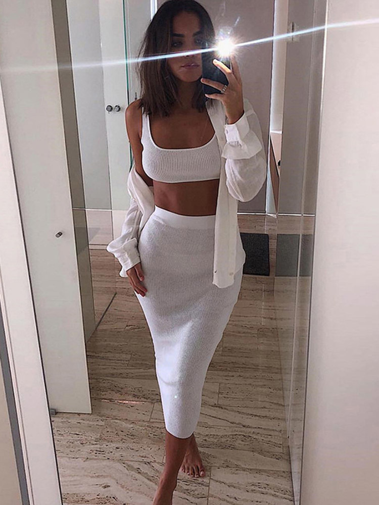 Two Piece Dress women summer clothes soild color casual crop tank tops long pencil skirt fitness skinny outfit suit two piece 2pc sets 230428