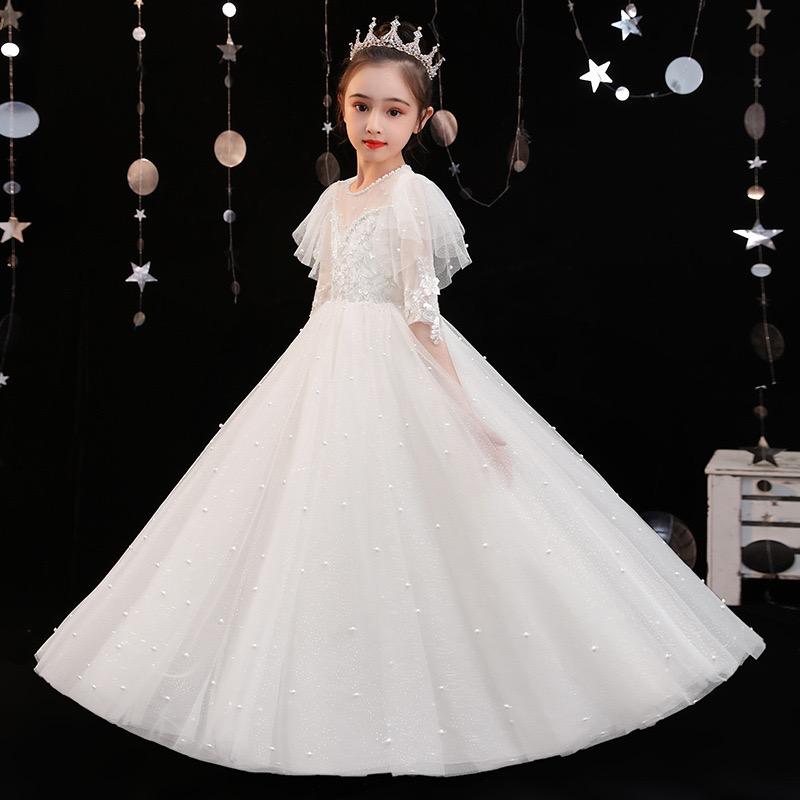 White Pearls Flower Girls Dresses Princess Beaded Elegant Appliqued Lace Beads First Communion Birthday Party Gown Custom Made Christmas Kids Pageant 