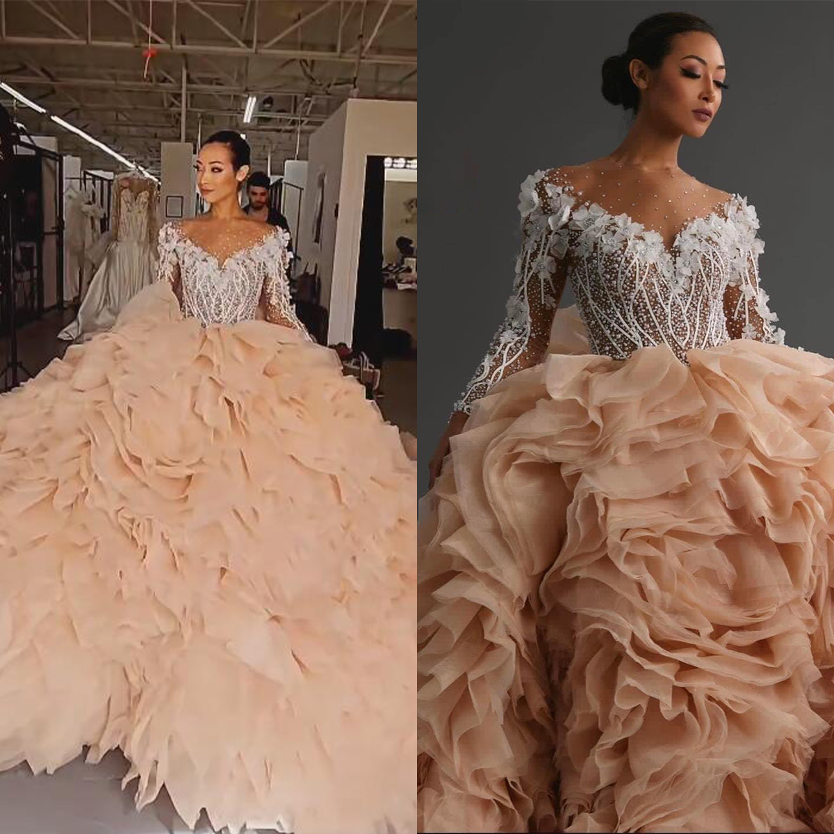 Puffy V Neck Wedding Ball Gown Off The Shoulder Dresses Full Sleeve Tiered Ruffles vestidos de novia Custom Made
