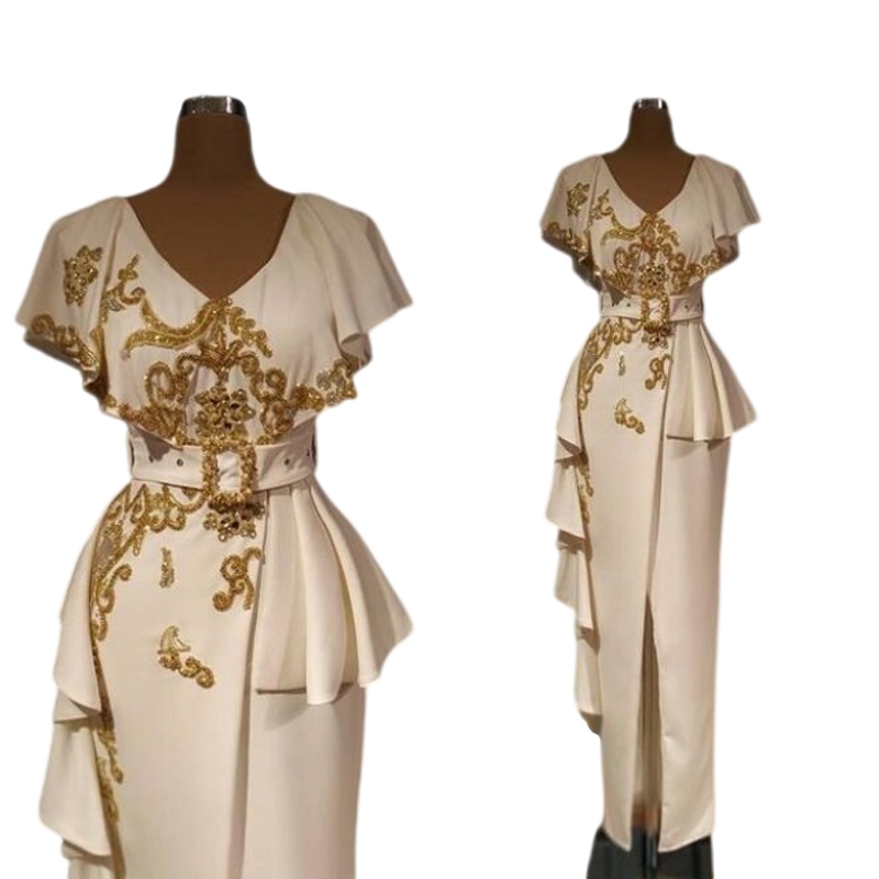 Saudi Arabia Gold Appliques Beads Mother's Dresses 2023 Stain Cap Sleeve Mother of the bride groom Gown Robe De Soiree