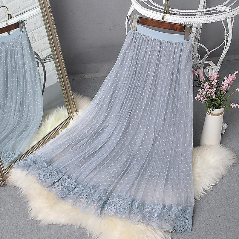 Skirts Spring Elegant Lace Patchwork Mesh Midi Skirts Women Elastic waist Polka Dot print Pleated Skirt A Line Long Tulle Skirt 230428