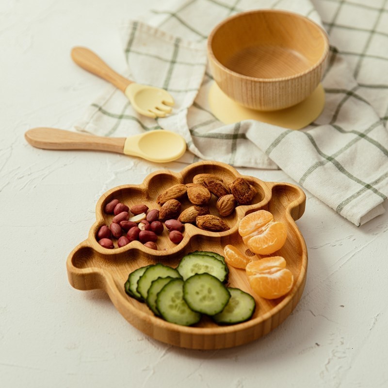 Cups Dishes Utensils 3Pcs Wooden Dinner Plate Silicone Suction Cup Kids Feeding Tableware Bamboo Wood Non-slip Dinnerware Baby Feeding Plate Free BPA 